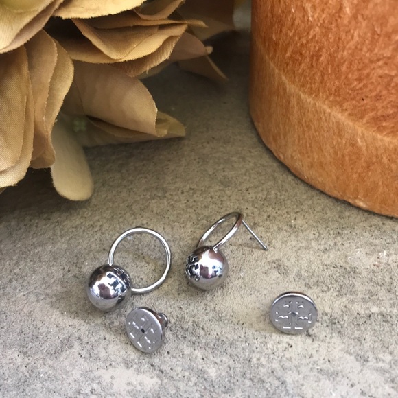 TORY BURCH • Silver Logo Bead Earrings - Picture 6 of 8